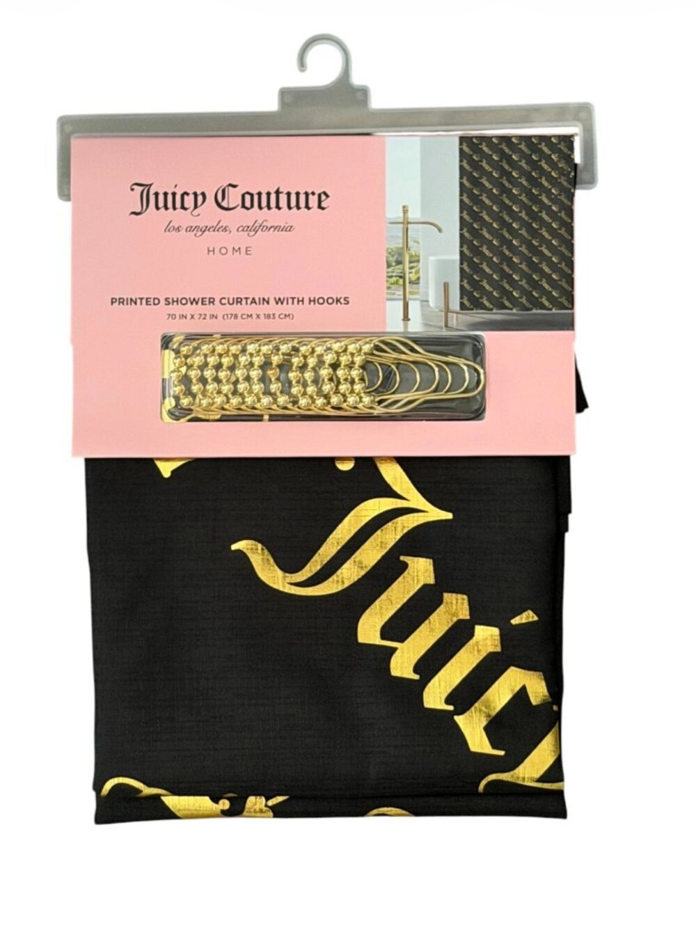 Juicy Couture Black & Gold Shower Curtain with Hooks | NEW